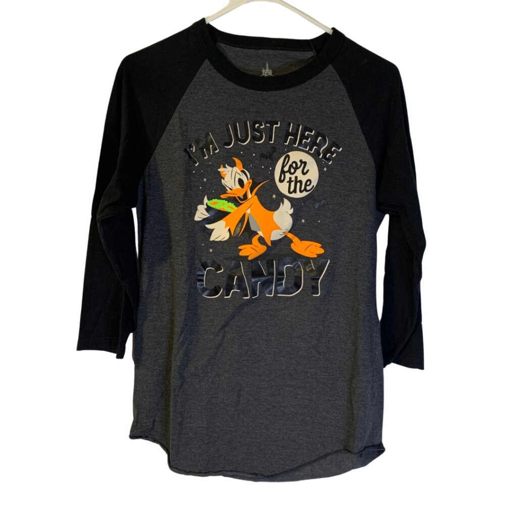 Disney Parks Donald Duck Halloween Raglan TShirt Womens Size M Here for Candy
